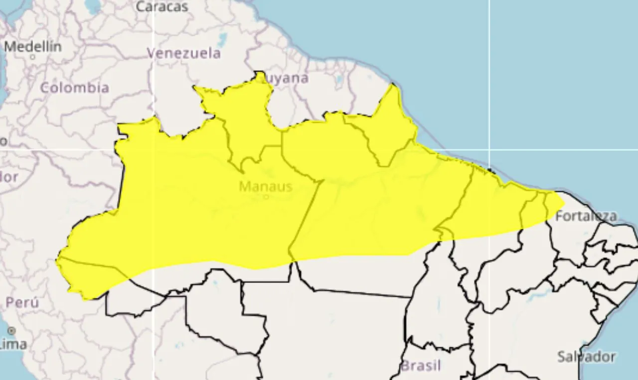 o mapa mostra as &aacute;reas em alerta amarelo para chuva intensa e ventos